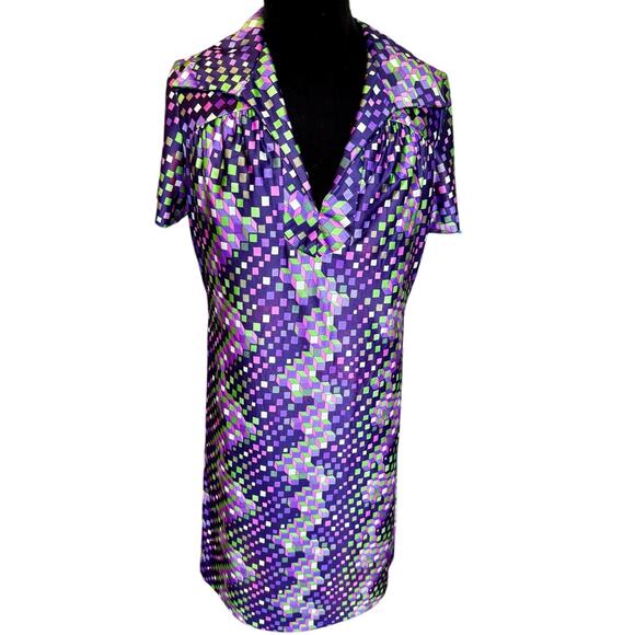 Vintage 70’s Bright Purple Square Groovy Psychedelic Dagger Mod Dress Med Large - Picture 1 of 7